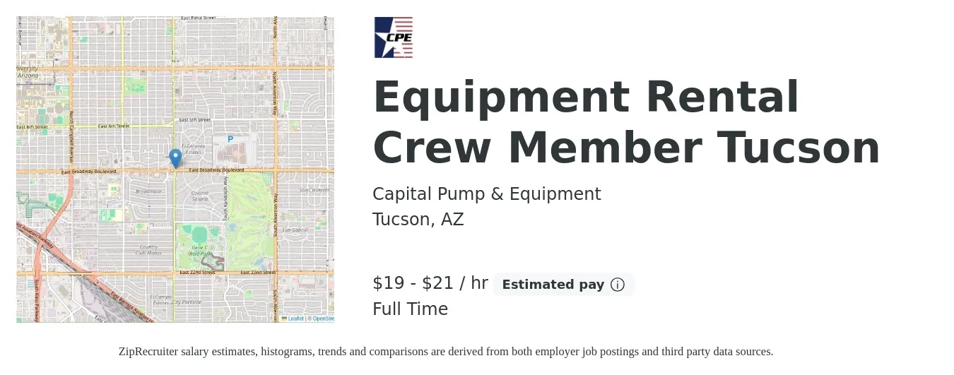 Capital Pump & Equipment job posting for a Equipment Rental-Crew Member Tucson in Tucson, AZ with a salary of $20 to $22 Hourly with a map of Tucson location.