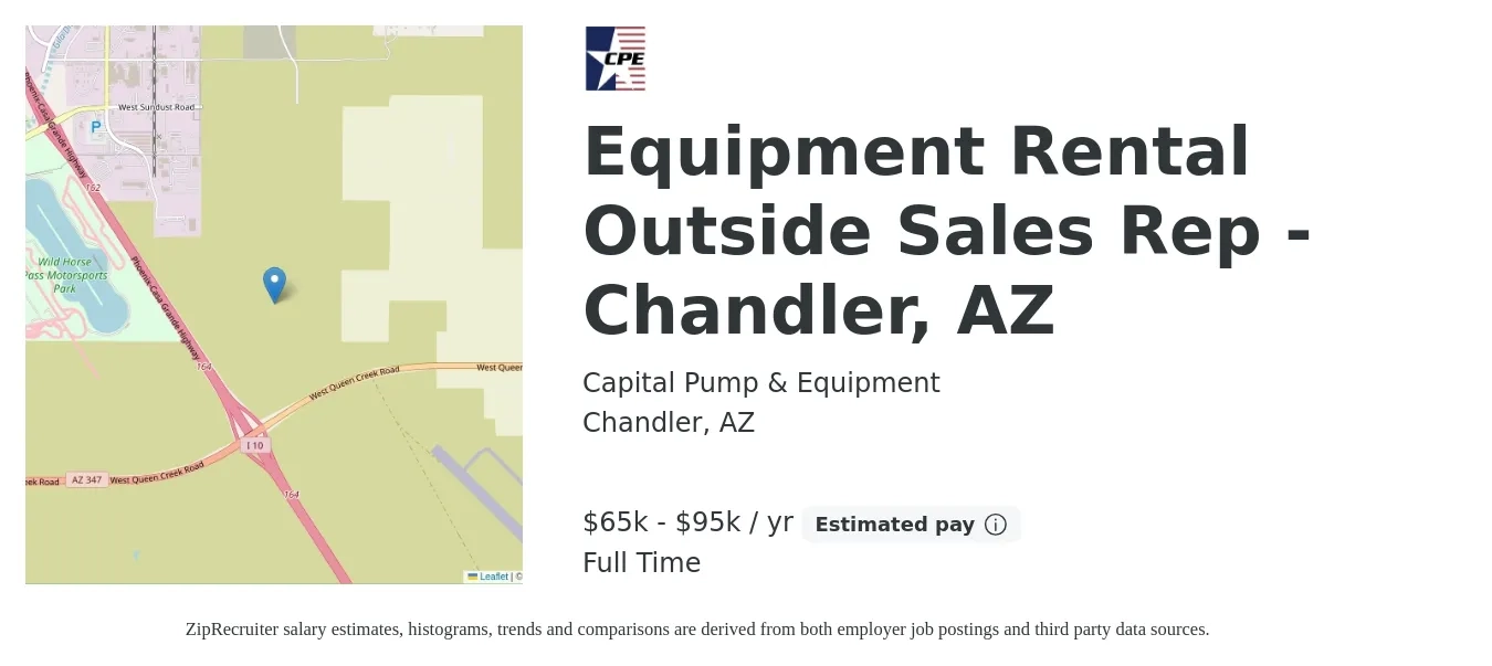 Capital Pump & Equipment job posting for a Equipment Rental Outside Sales Rep - Chandler, AZ in Chandler, AZ with a salary of $65,000 to $95,000 Yearly with a map of Chandler location.