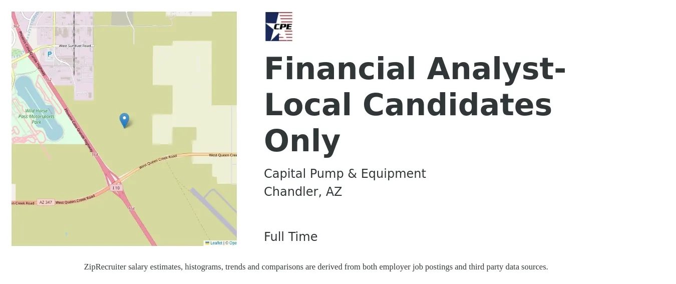 Capital Pump & Equipment job posting for a Financial Analyst- Local Candidates Only in Chandler, AZ with a salary of $95,000 to $105,000 Yearly with a map of Chandler location.