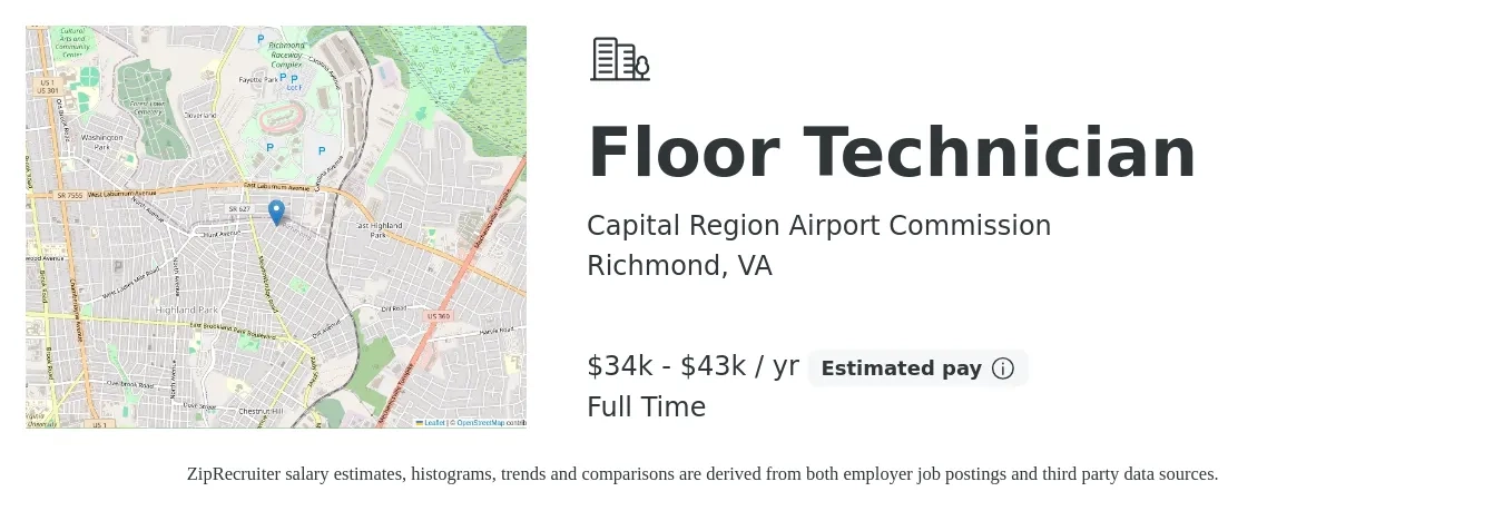 Capital Region Airport Commission job posting for a Floor Technician in Richmond, VA with a salary of $34,837 to $43,546 Yearly with a map of Richmond location.