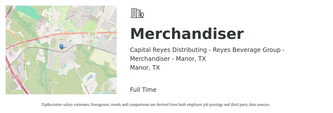 Capital Reyes Distributing - Reyes Beverage Group - Merchandiser - Manor, TX job posting for a Merchandiser in Manor, TX with a salary of $19 Hourly with a map of Manor location.