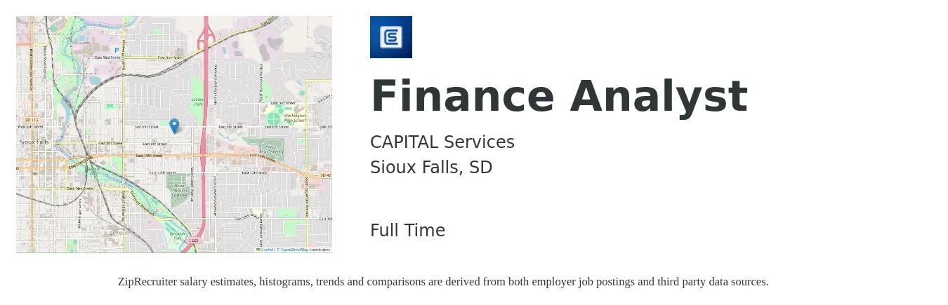 CAPITAL Services job posting for a Finance Analyst in Sioux Falls, SD with a salary of $66,000 to $104,200 Yearly with a map of Sioux Falls location.