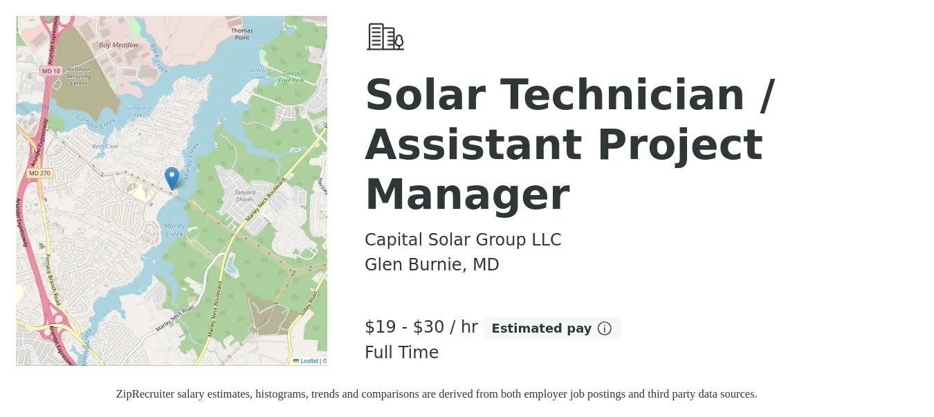 Capital Solar Group LLC job posting for a Solar Technician / Assistant Project Manager in Glen Burnie, MD with a salary of $20 to $32 Hourly (plus commission) and benefits including pto, and retirement with a map of Glen Burnie location.