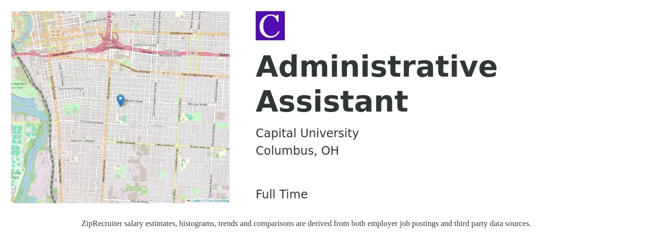 Capital University job posting for a Administrative Assistant in Columbus, OH with a map of Columbus location.