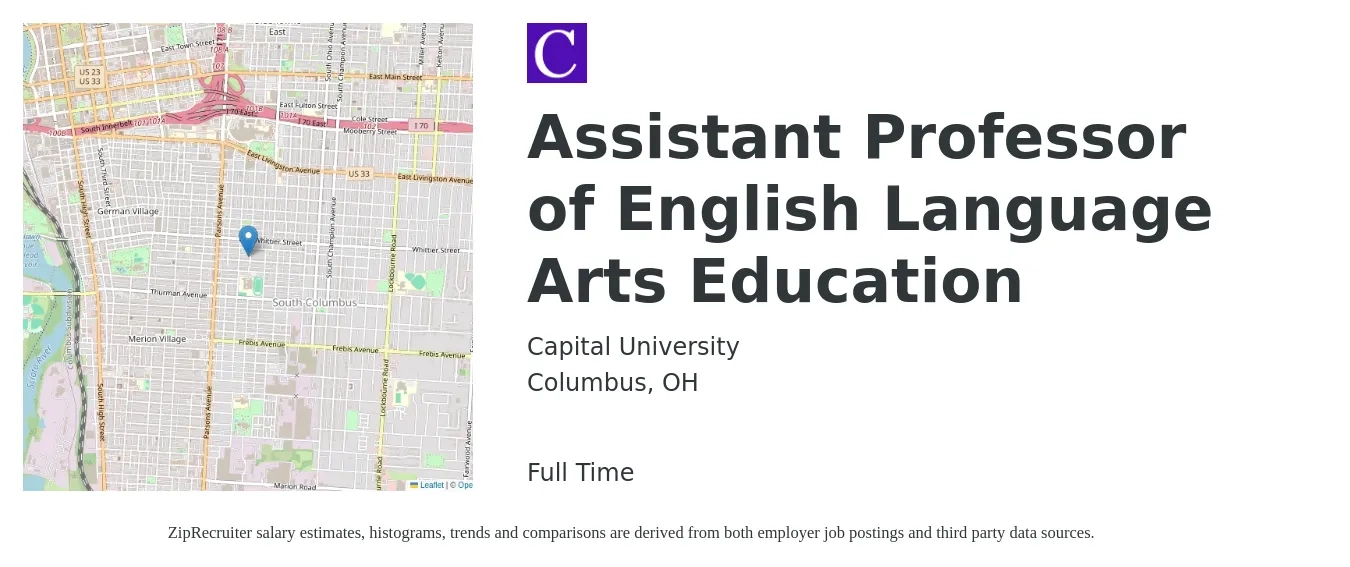 Capital University job posting for a Assistant Professor of English Language Arts Education in Columbus, OH with a salary of $53,100 to $80,700 Yearly with a map of Columbus location.