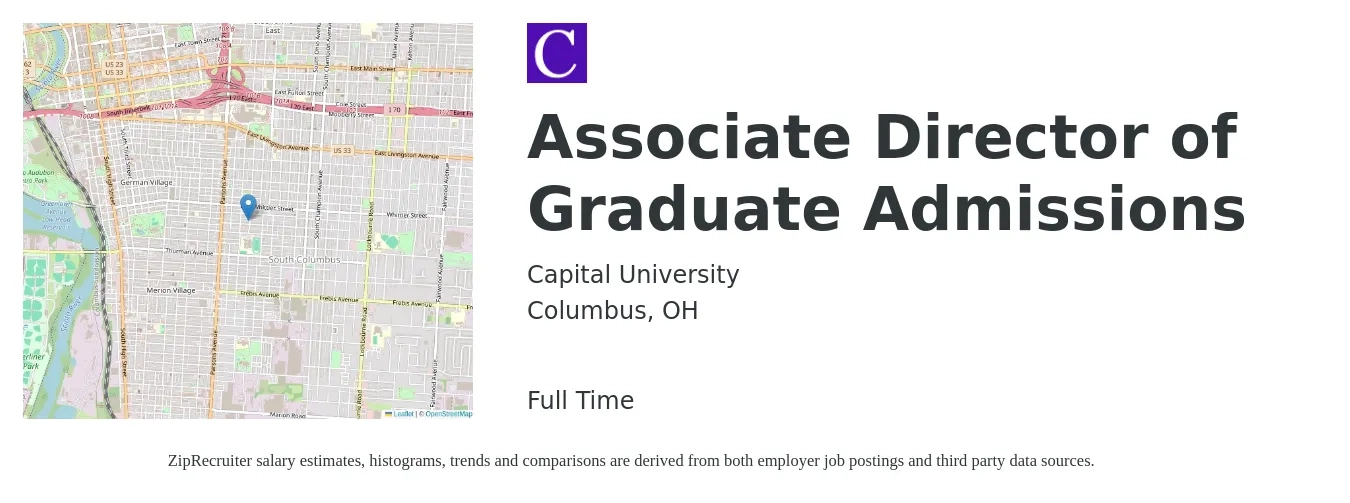 Capital University job posting for a Associate Director of Graduate Admissions in Columbus, OH with a salary of $48,300 to $72,400 Yearly with a map of Columbus location.