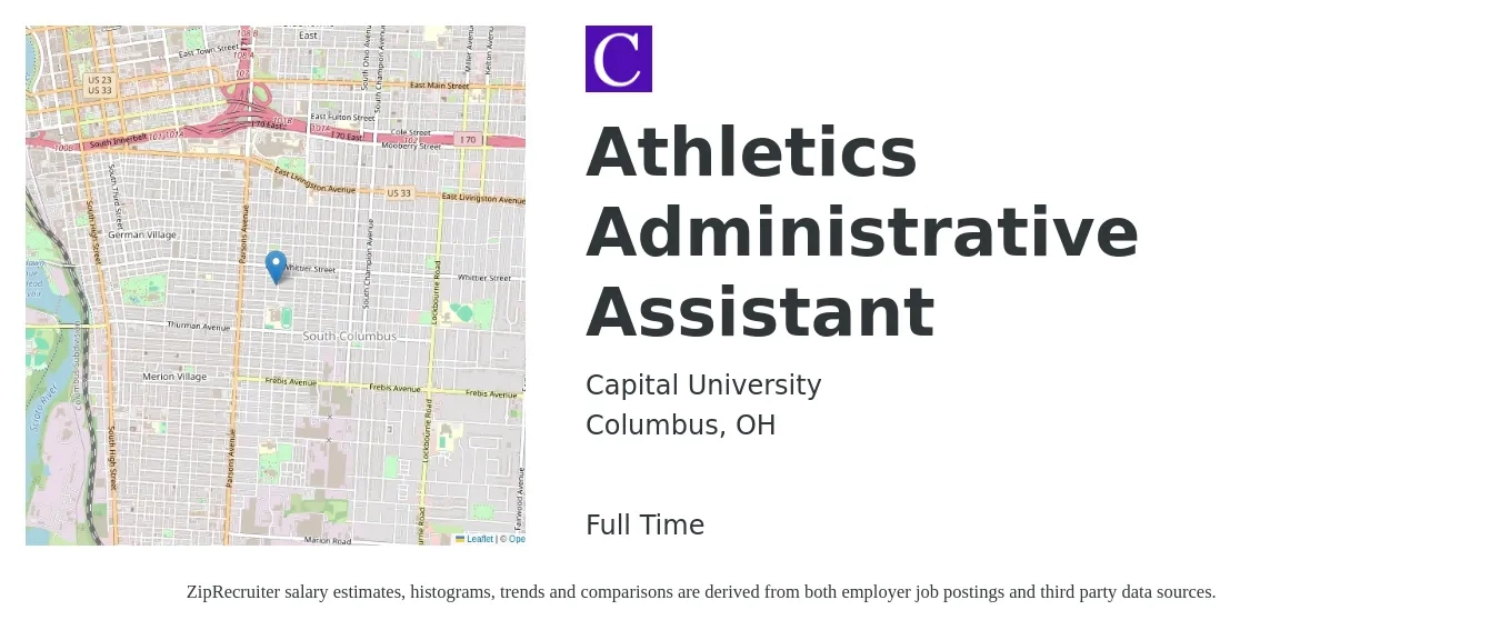 Capital University job posting for a Athletics Administrative Assistant in Columbus, OH with a salary of $18 to $24 Hourly with a map of Columbus location.