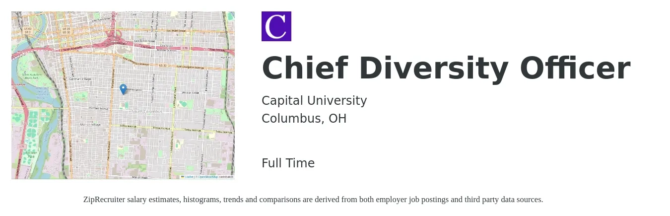 Capital University job posting for a Chief Diversity Officer in Columbus, OH with a salary of $107,700 to $178,700 Yearly with a map of Columbus location.