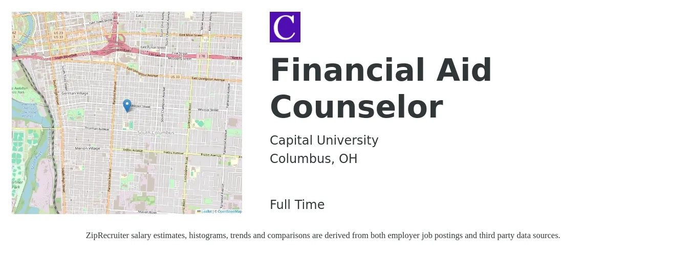 Capital University job posting for a Financial Aid Counselor in Columbus, OH with a salary of $37,700 to $49,700 Yearly with a map of Columbus location.