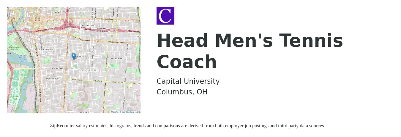 Capital University job posting for a Head Men's Tennis Coach in Columbus, OH with a salary of $44,400 Yearly with a map of Columbus location.