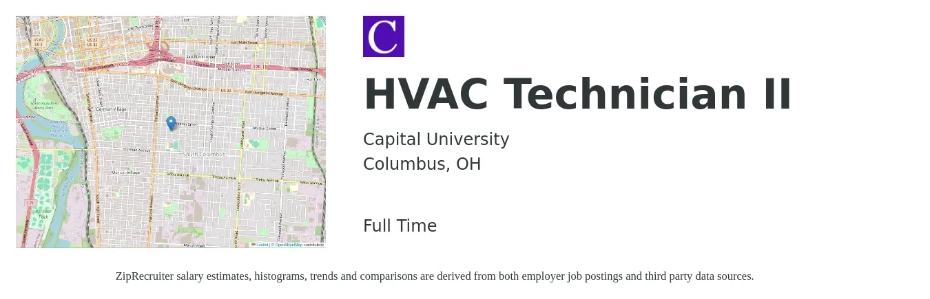 Capital University job posting for a HVAC Technician II in Columbus, OH with a salary of $22 to $32 Hourly with a map of Columbus location.