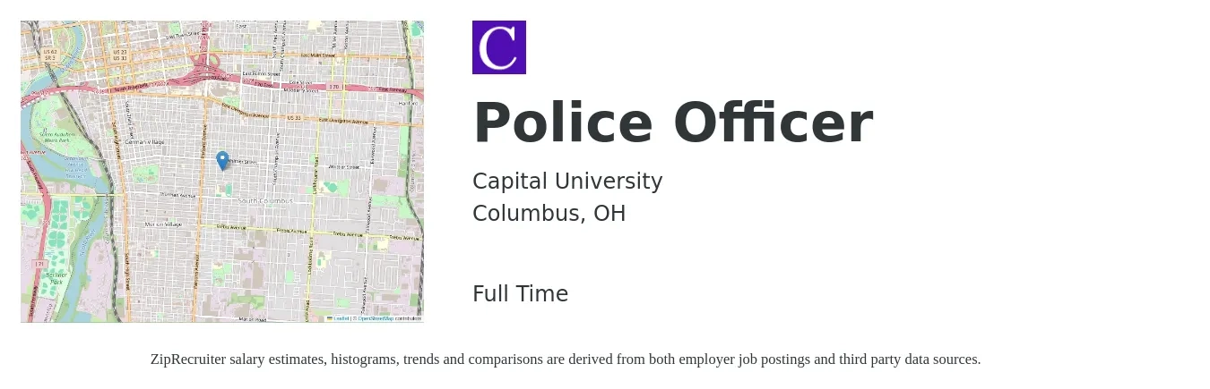 Capital University job posting for a Police Officer in Columbus, OH with a salary of $46,800 to $72,000 Yearly with a map of Columbus location.
