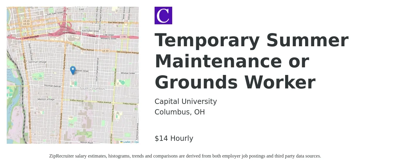 Capital University job posting for a Temporary Summer Maintenance or Grounds Worker in Columbus, OH with a salary of $15 Hourly with a map of Columbus location.