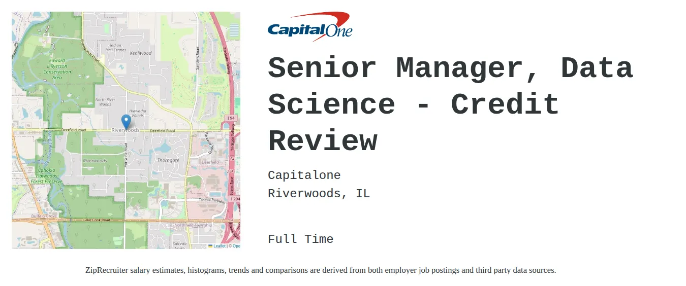Capital One job posting for a Senior Manager, Data Science - Credit Review in Riverwoods, IL with a salary of $123,000 to $172,900 Annually with a map of Riverwoods location.