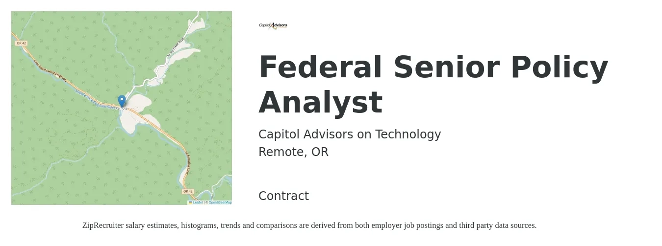 Capitol Advisors on Technology job posting for a Federal Senior Policy Analyst in Remote, OR with a salary of $75,400 to $114,900 Yearly with a map of Remote location.