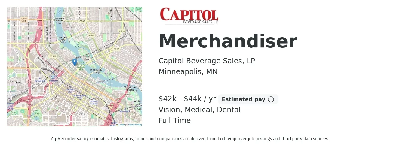 Capitol Beverage Sales, LP job posting for a Merchandiser in Minneapolis, MN with a salary of $42,000 to $44,000 Yearly and benefits including dental, life_insurance, medical, retirement, and vision with a map of Minneapolis location.
