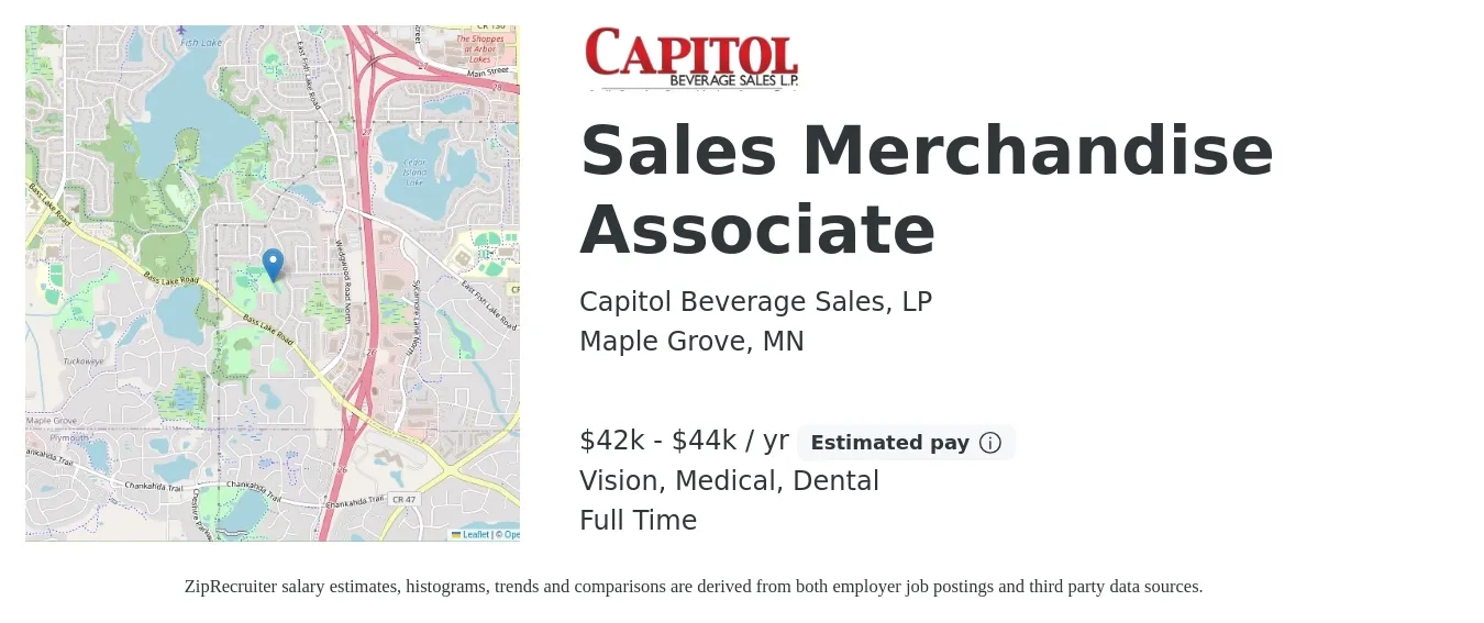 Capitol Beverage Sales, LP job posting for a Sales Merchandise Associate in Maple Grove, MN with a salary of $42,000 to $44,000 Yearly and benefits including retirement, vision, dental, life_insurance, and medical with a map of Maple Grove location.