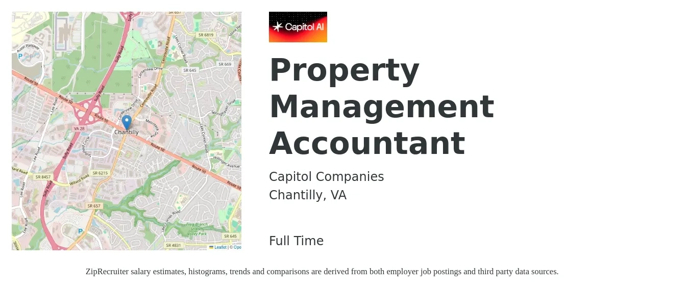 Capitol Companies job posting for a Property Management Accountant in Chantilly, VA with a salary of $55,300 to $73,400 Yearly with a map of Chantilly location.