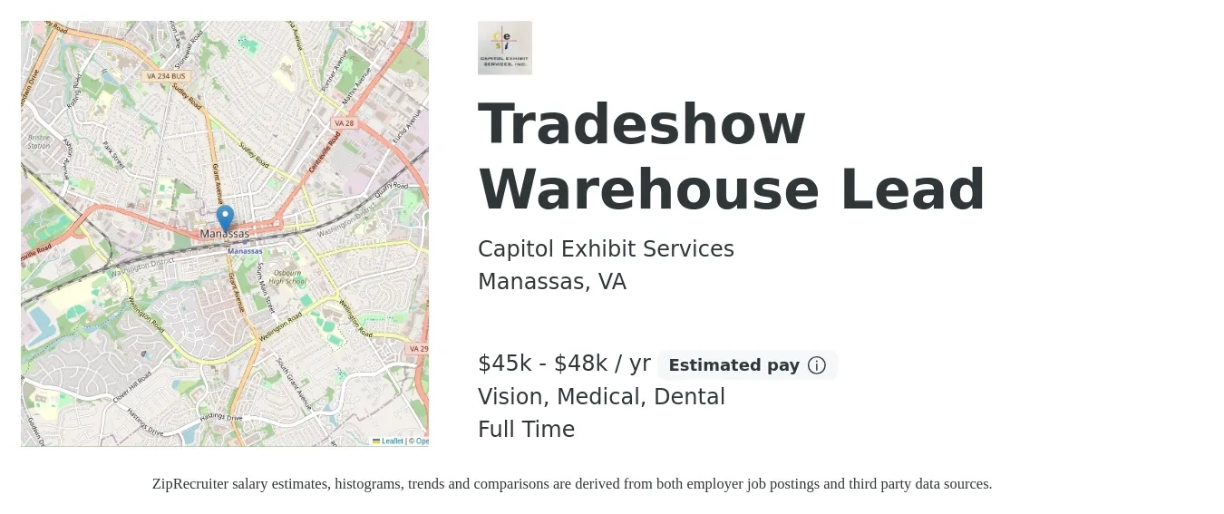 Capitol Exhibit Services job posting for a Tradeshow Warehouse Lead in Manassas, VA with a salary of $45,000 to $48,000 Yearly and benefits including life_insurance, medical, pto, retirement, vision, and dental with a map of Manassas location.