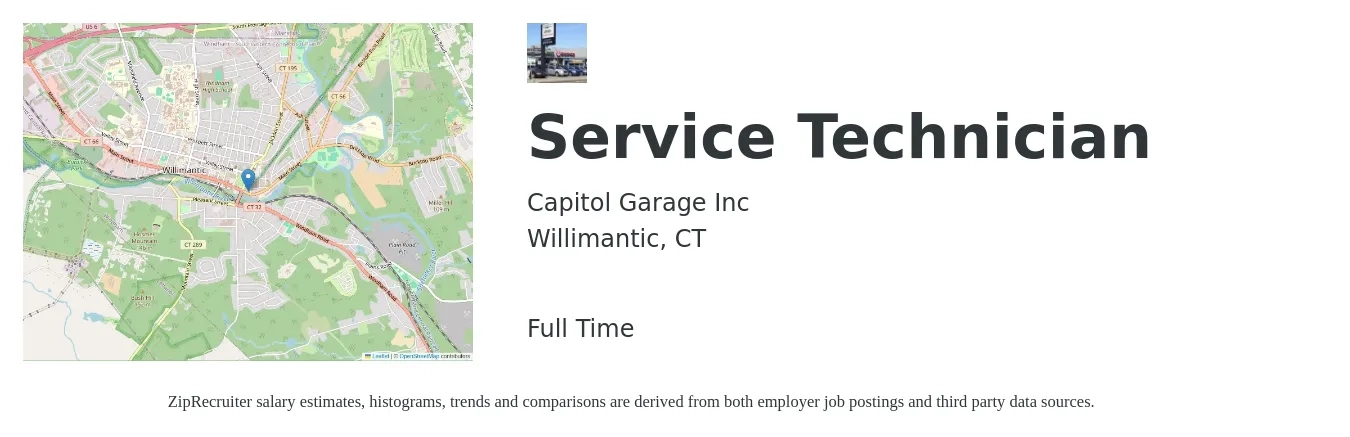 Capitol Garage Inc job posting for a Service Technician in Willimantic, CT with a salary of $19 to $26 Hourly with a map of Willimantic location.