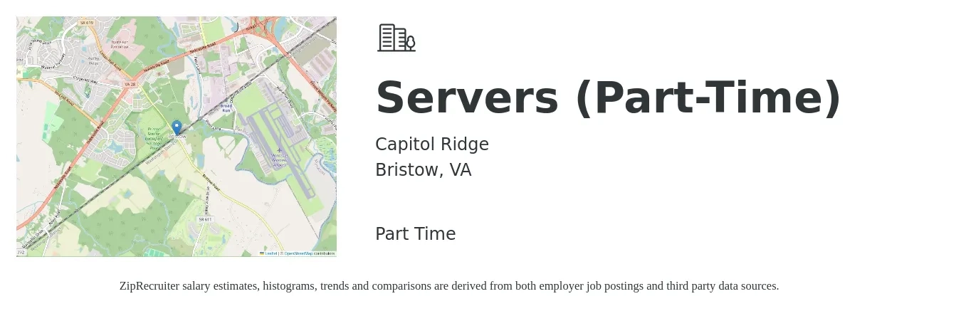 Capitol Ridge job posting for a Servers (Part-Time) in Bristow, VA with a salary of $10 to $17 Hourly with a map of Bristow location.