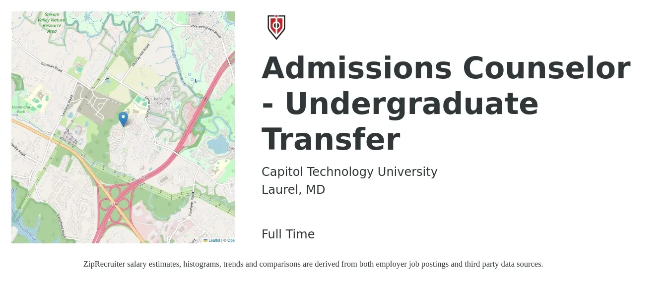 Capitol Technology University job posting for a Admissions Counselor - Undergraduate Transfer in Laurel, MD with a salary of $38,200 to $51,600 Yearly with a map of Laurel location.