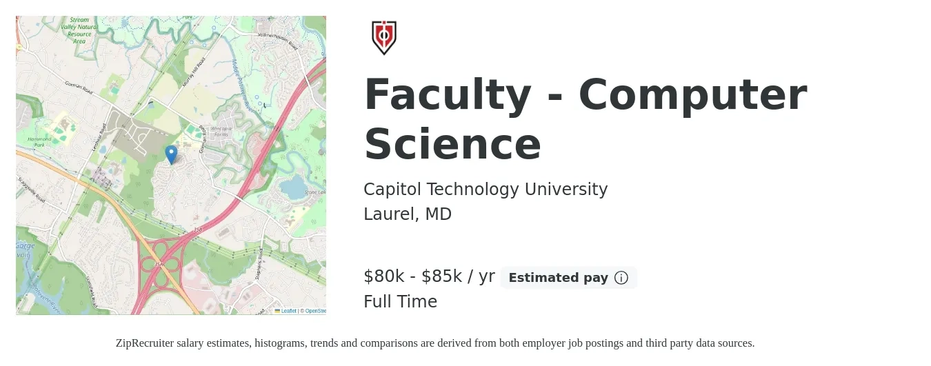 Capitol Technology University job posting for a Faculty - Computer Science in Laurel, MD with a salary of $80,000 to $85,000 Yearly with a map of Laurel location.