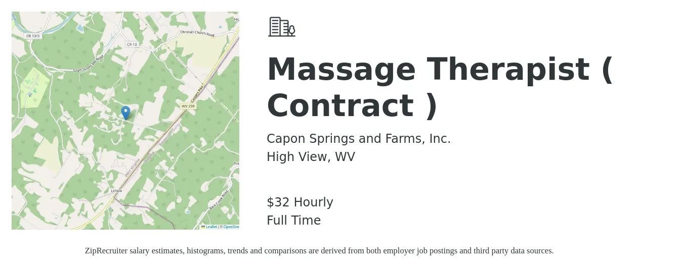 Capon Springs and Farms, Inc. job posting for a Massage Therapist ( Contract ) in High View, WV with a salary of $34 Hourly with a map of High View location.