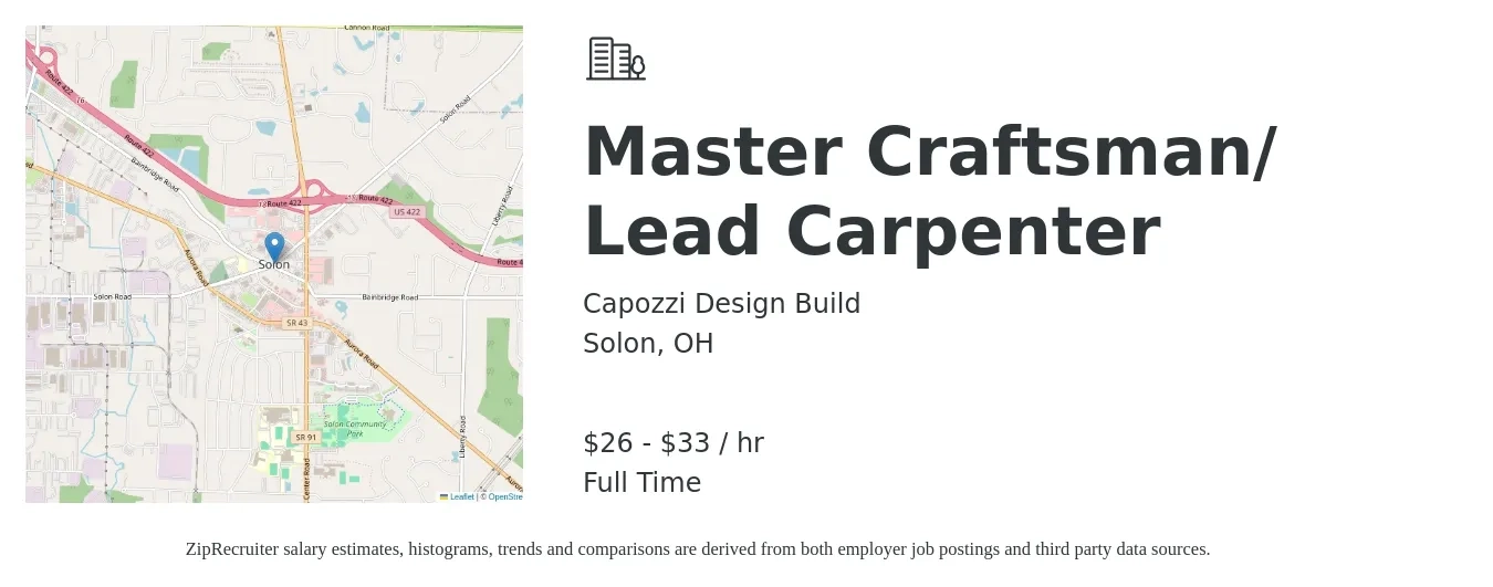 Capozzi Design Build job posting for a Master Craftsman/ Lead Carpenter in Solon, OH with a salary of $28 to $35 Hourly with a map of Solon location.