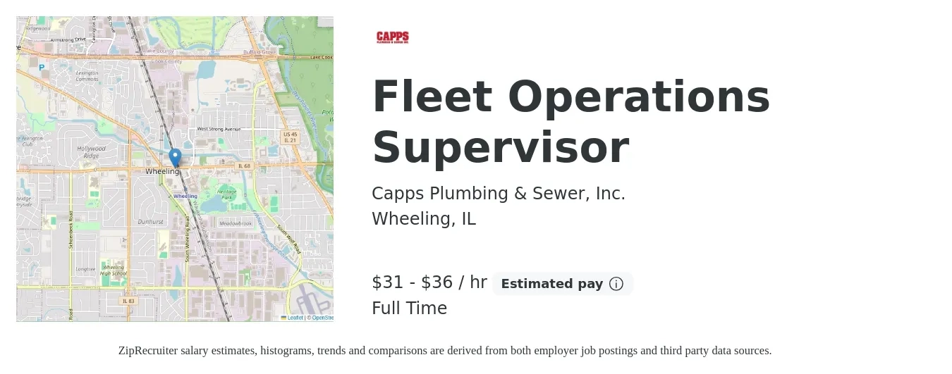 Capps Plumbing & Sewer, Inc. job posting for a Fleet Operations Supervisor in Wheeling, IL with a salary of $33 to $38 Hourly with a map of Wheeling location.