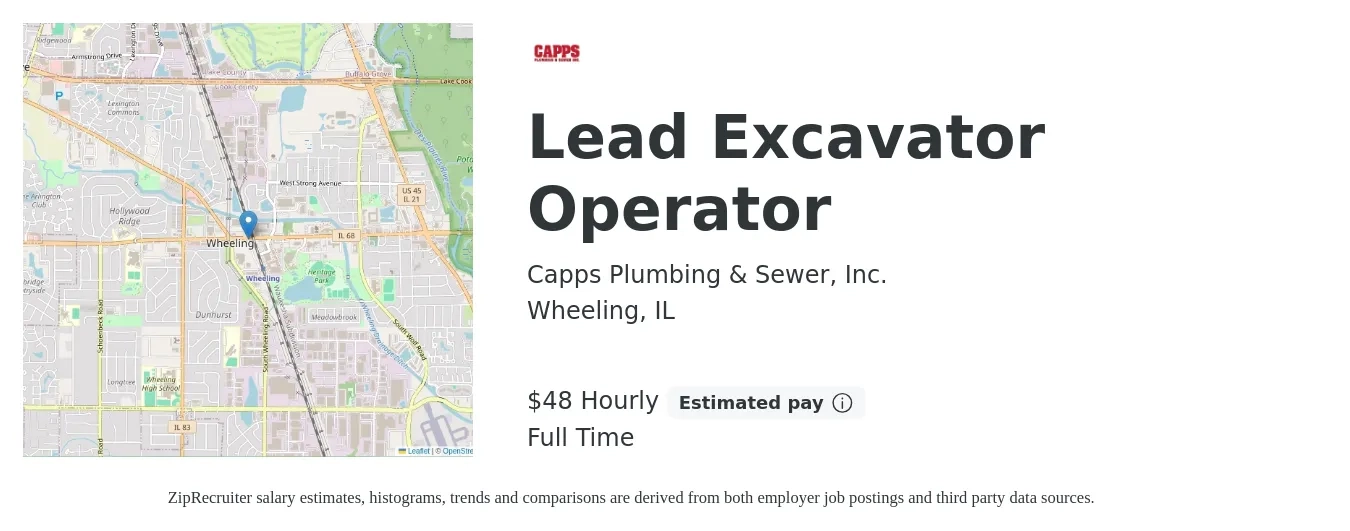 Capps Plumbing & Sewer, Inc. job posting for a Lead Excavator Operator in Wheeling, IL with a salary of $50 Hourly with a map of Wheeling location.
