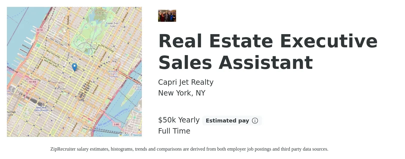 Capri Jet Realty job posting for a Real Estate Executive Sales Assistant in New York, NY with a salary of $50,000 Yearly (plus commission) with a map of New York location.