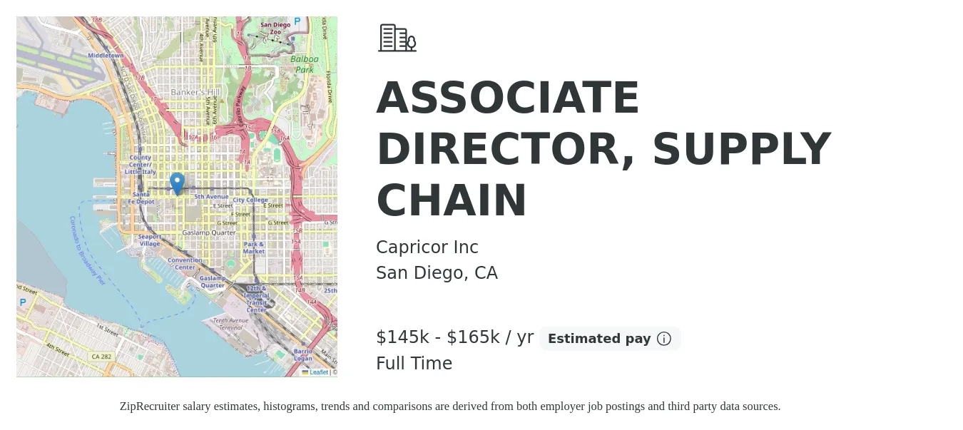 Capricor Inc job posting for a ASSOCIATE DIRECTOR, SUPPLY CHAIN in San Diego, CA with a salary of $145,000 to $165,000 Yearly with a map of San Diego location.