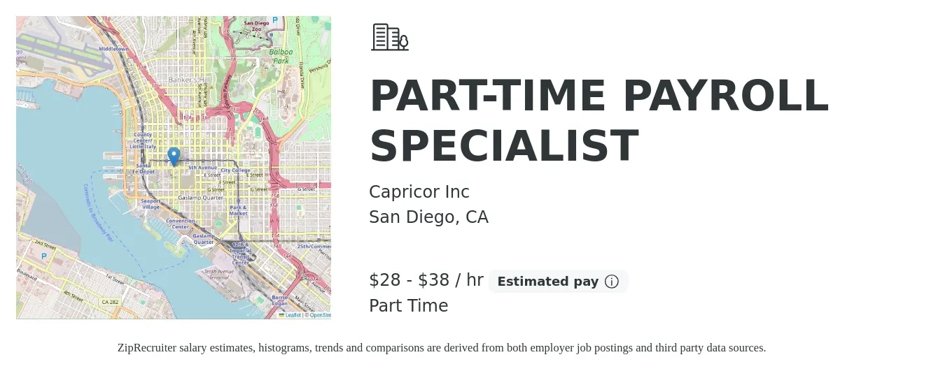 Capricor Inc job posting for a PART-TIME PAYROLL SPECIALIST in San Diego, CA with a salary of $30 to $40 Hourly with a map of San Diego location.