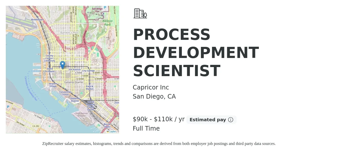 Capricor Inc job posting for a PROCESS DEVELOPMENT SCIENTIST in San Diego, CA with a salary of $90,000 to $110,000 Yearly with a map of San Diego location.