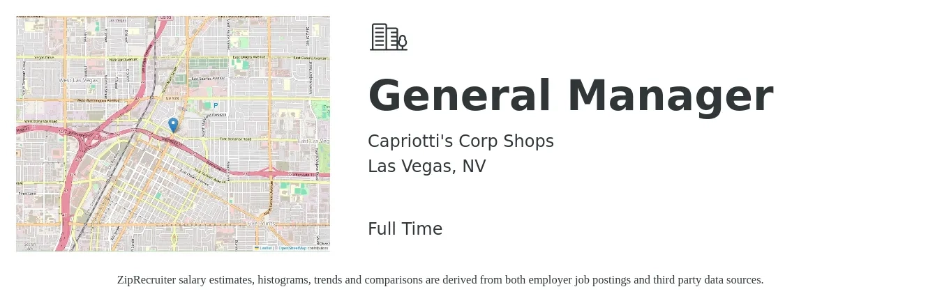 Capriotti's Corp Shops job posting for a General Manager in Las Vegas, NV with a salary of $45,000 to $67,300 Yearly with a map of Las Vegas location.