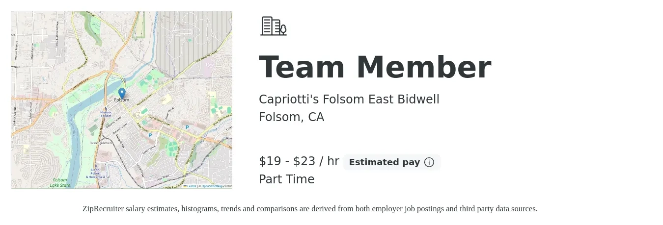 Capriotti's Folsom East Bidwell job posting for a Team Member in Folsom, CA with a salary of $20 to $24 Hourly with a map of Folsom location.