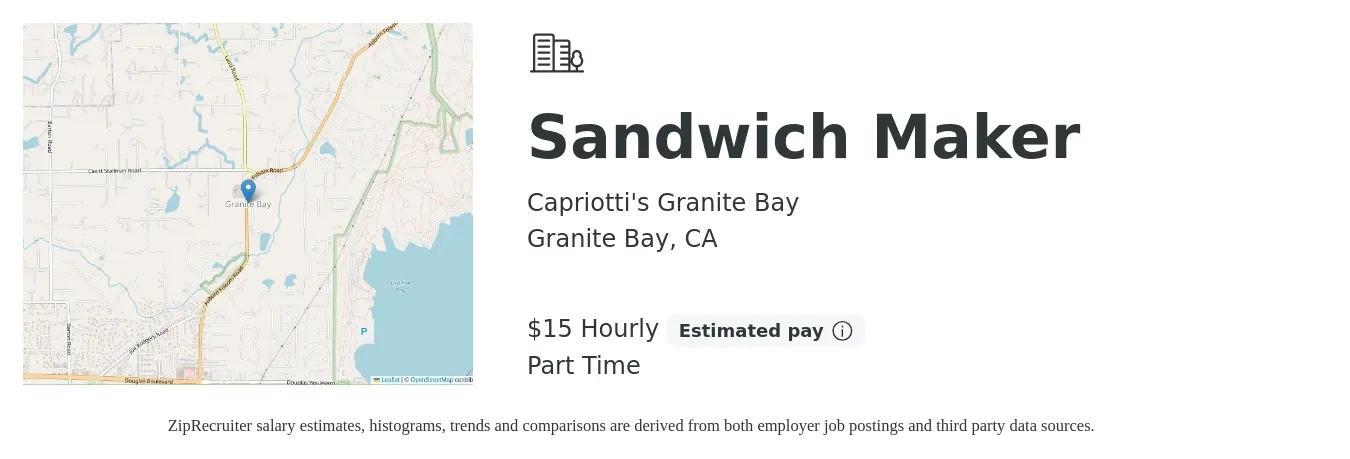 Capriotti's Granite Bay job posting for a Sandwich Maker in Granite Bay, CA with a salary of $16 Hourly with a map of Granite Bay location.