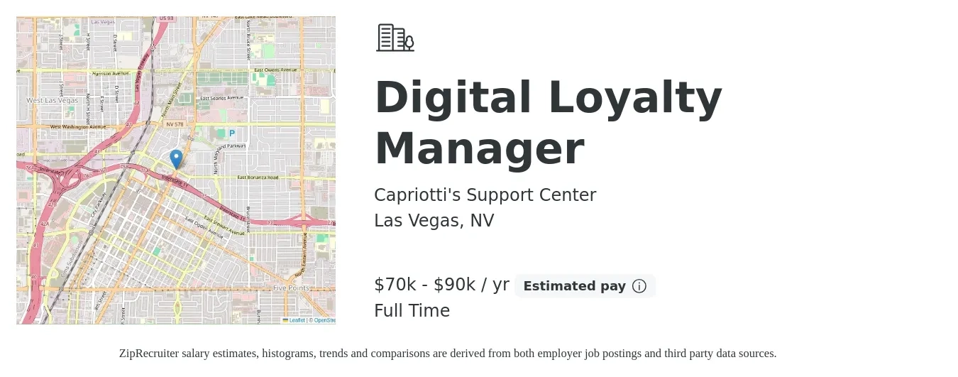 Capriotti's Support Center job posting for a Digital Loyalty Manager in Las Vegas, NV with a salary of $70,000 to $90,000 Yearly with a map of Las Vegas location.