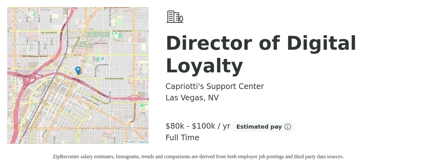 Capriotti's Support Center job posting for a Director of Digital Loyalty in Las Vegas, NV with a salary of $80,000 to $100,000 Yearly with a map of Las Vegas location.