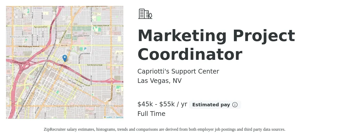 Capriotti's Support Center job posting for a Marketing Project Coordinator in Las Vegas, NV with a salary of $45,000 to $55,000 Yearly with a map of Las Vegas location.