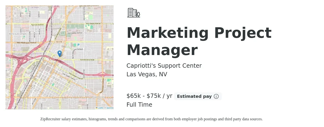 Capriotti's Support Center job posting for a Marketing Project Manager in Las Vegas, NV with a salary of $65,000 to $75,000 Yearly with a map of Las Vegas location.