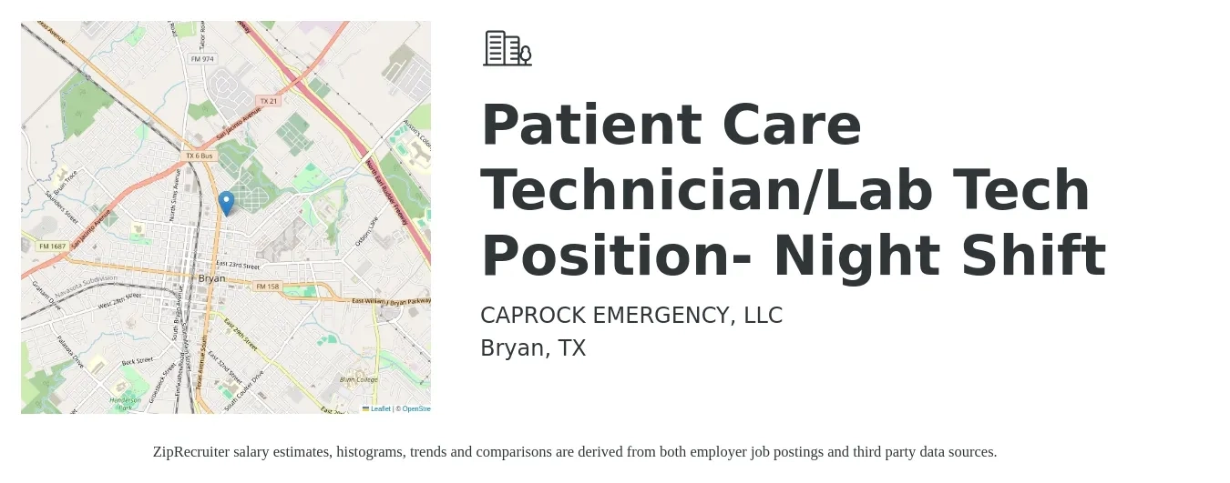 CAPROCK EMERGENCY, LLC job posting for a Patient Care Technician/Lab Tech Position- Night Shift in Bryan, TX with a salary of $1,070 to $2,190 Weekly with a map of Bryan location.