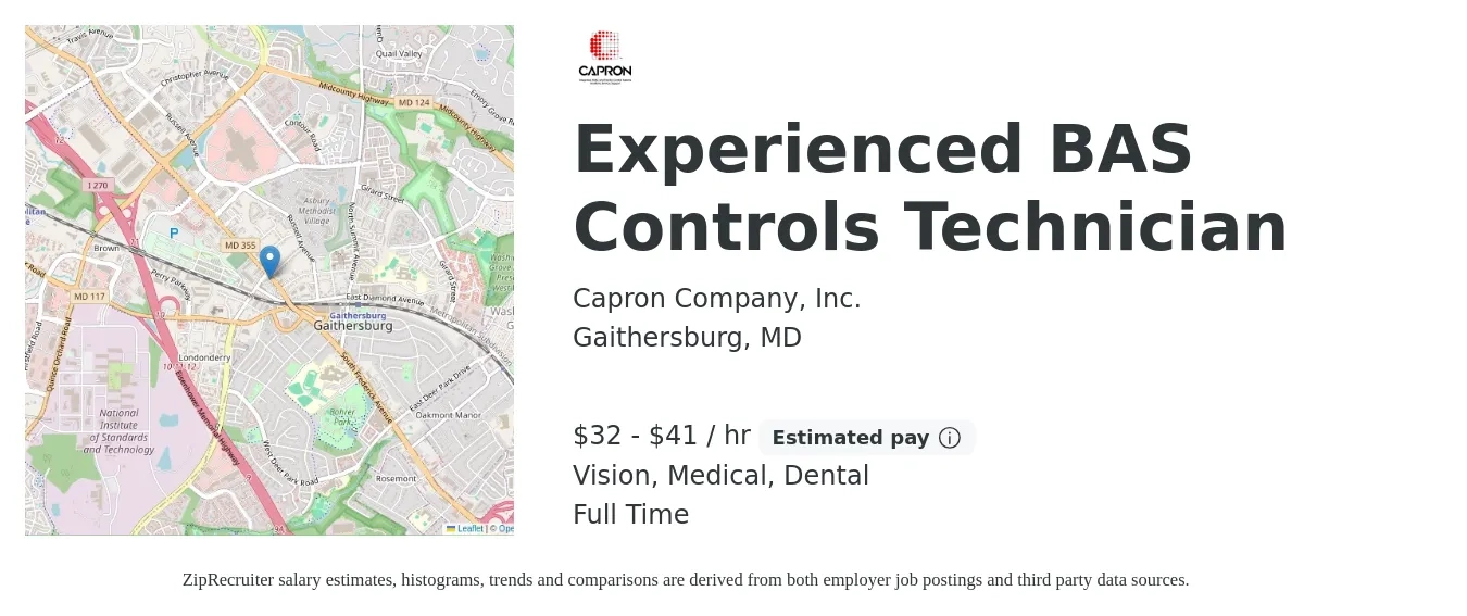 Capron Company, Inc. job posting for a Experienced BAS Controls Technician in Gaithersburg, MD with a salary of $34 to $43 Hourly and benefits including medical, retirement, vision, dental, and life_insurance with a map of Gaithersburg location.