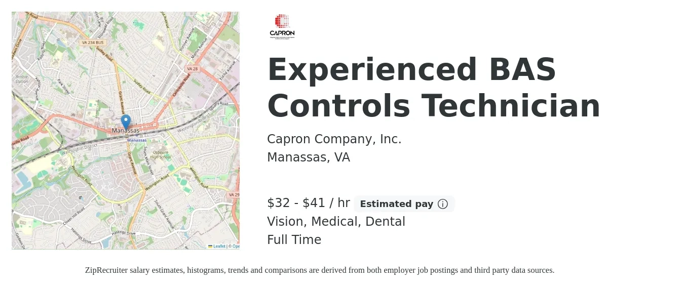 Capron Company, Inc. job posting for a Experienced BAS Controls Technician in Manassas, VA with a salary of $34 to $43 Hourly and benefits including medical, retirement, vision, dental, and life_insurance with a map of Manassas location.