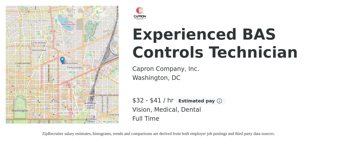 Capron Company, Inc. job posting for a Experienced BAS Controls Technician in Washington, DC with a salary of $34 to $43 Hourly and benefits including life_insurance, medical, retirement, vision, and dental with a map of Washington location.
