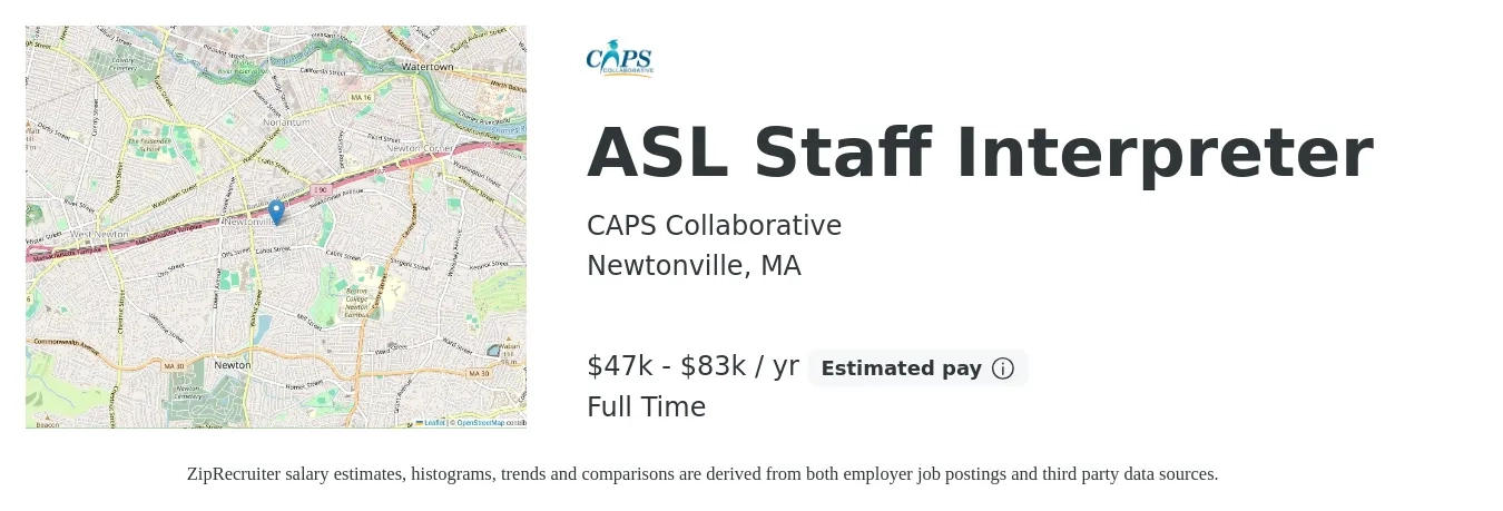 CAPS Collaborative job posting for a ASL Staff Interpreter in Newtonville, MA with a salary of $47,938 to $83,630 Yearly with a map of Newtonville location.