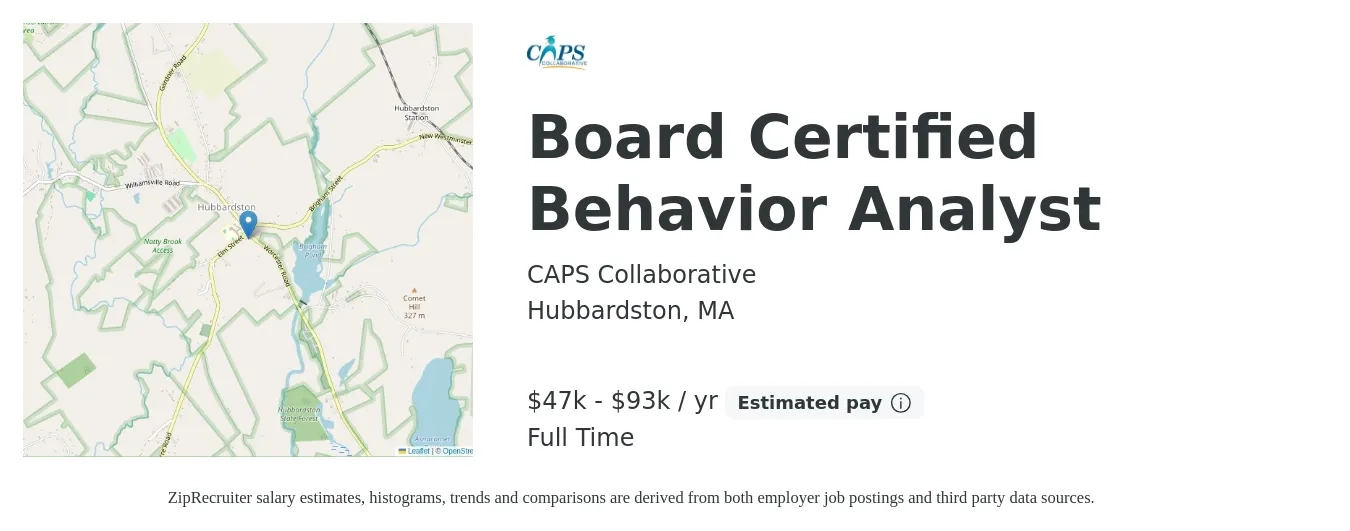 CAPS Collaborative job posting for a Board Certified Behavior Analyst in Hubbardston, MA with a salary of $47,938 to $93,037 Yearly with a map of Hubbardston location.
