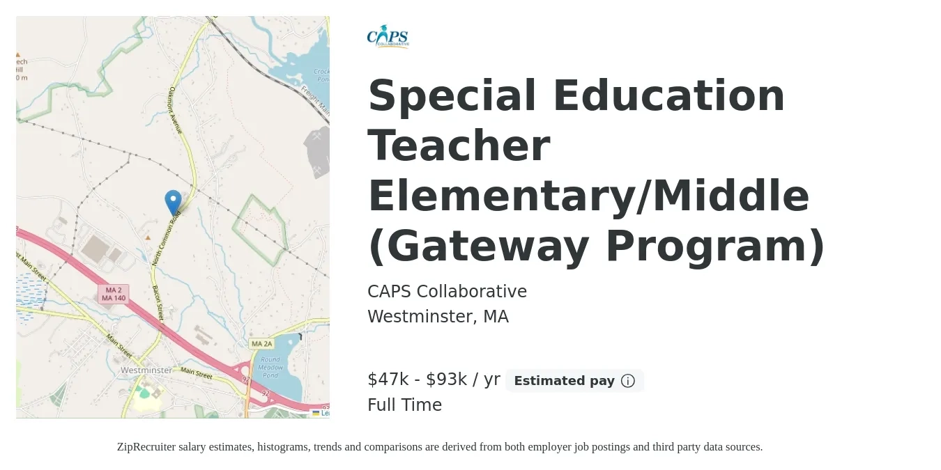 CAPS Collaborative job posting for a Special Education Teacher Elementary/Middle (Gateway Program) in Westminster, MA with a salary of $47,938 to $93,037 Yearly with a map of Westminster location.