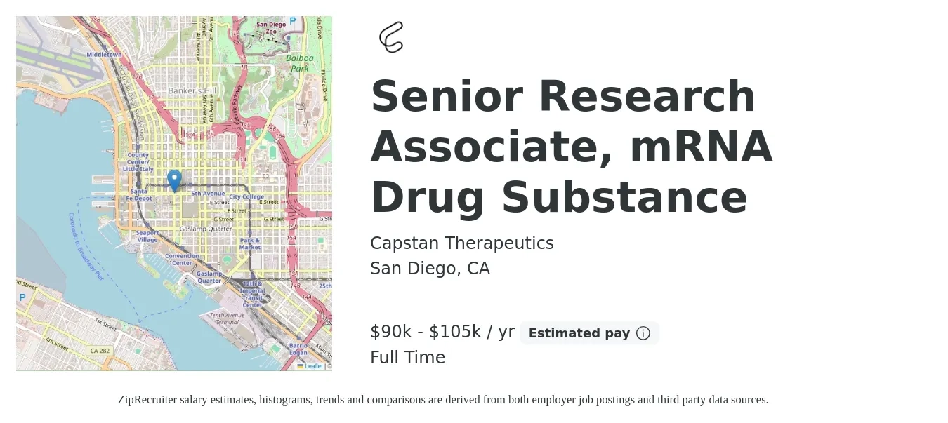 Capstan Therapeutics job posting for a Senior Research Associate, mRNA Drug Substance in San Diego, CA with a salary of $90,000 to $105,000 Yearly with a map of San Diego location.